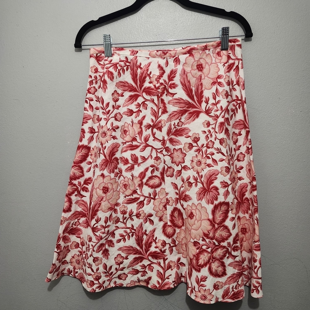 Loft Women's Linen Floral Skirt Size 4P Red And Cream Spring Summer Vacation